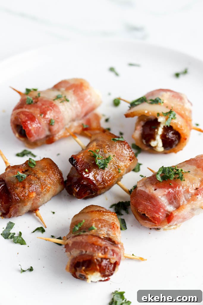 Side angle of easy appetizer with crispy bacon and tangy goat cheese on white plate.