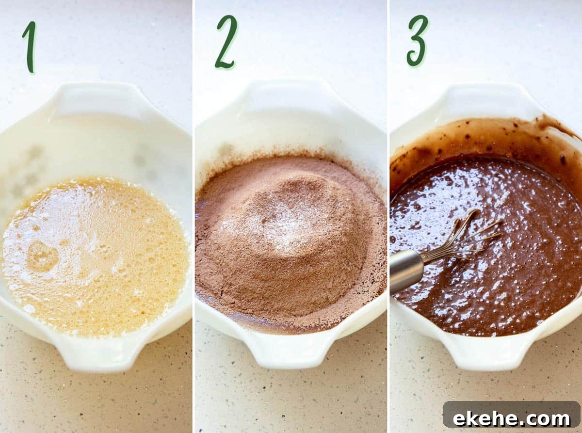Collage of 3 photos showing how to make chocolate cupcake batter
