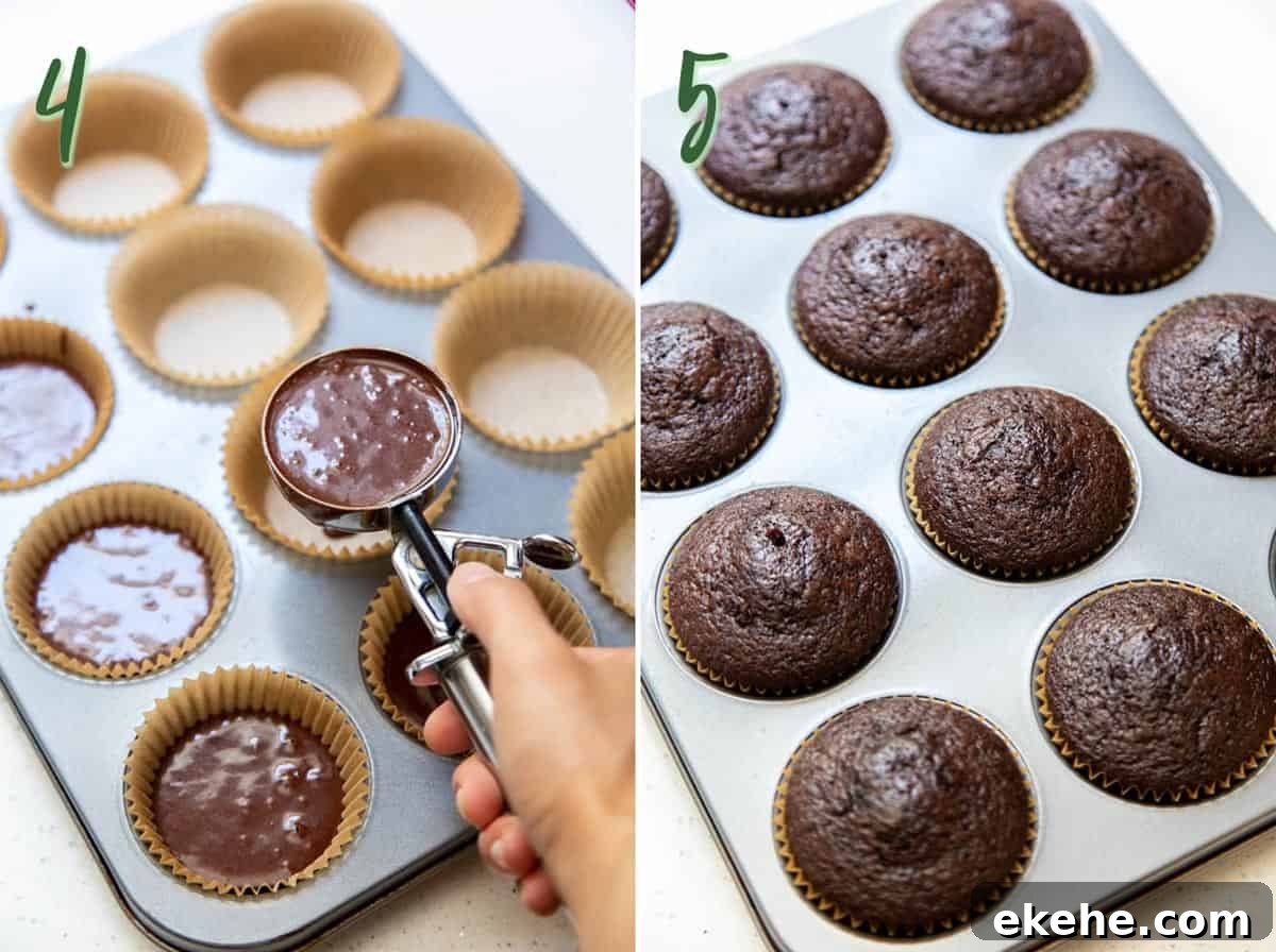 Collage of 2 photos showing cupcake batter being divided, and baked cupcakes in the muffin pan