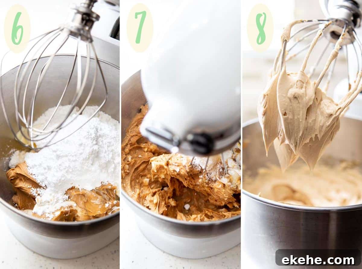 Collage of 3 photos showing how to make the peanut butter frosting