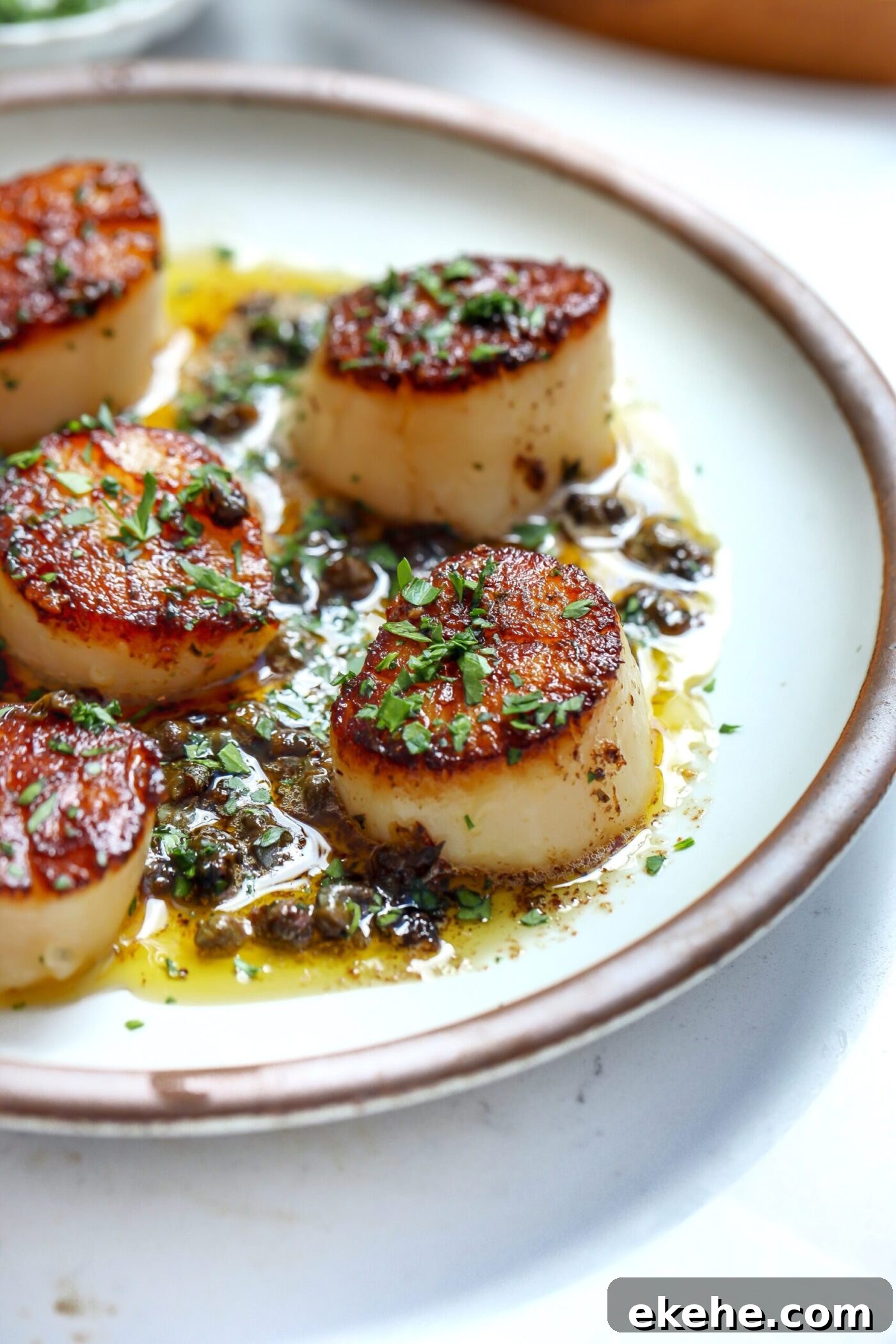 A recipe for pan seared scallops on a plate with a lemon caper butter sauce drizzled on top.