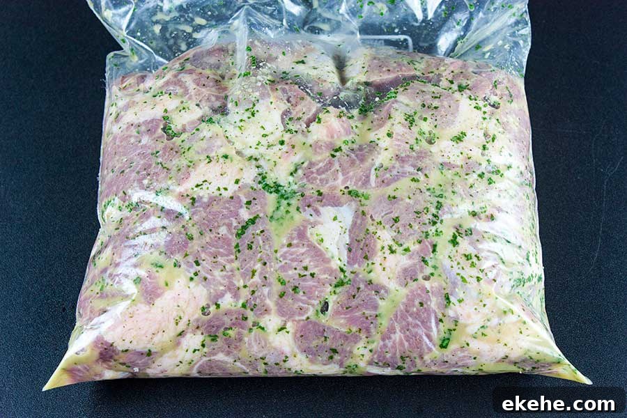 Meat and marinade in a zip lock bag.