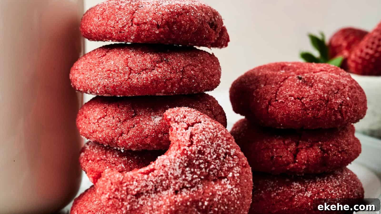 Stacks of strawberry cookies, one with a bite taken out, are arranged next to a glass of milk and whole strawberries.