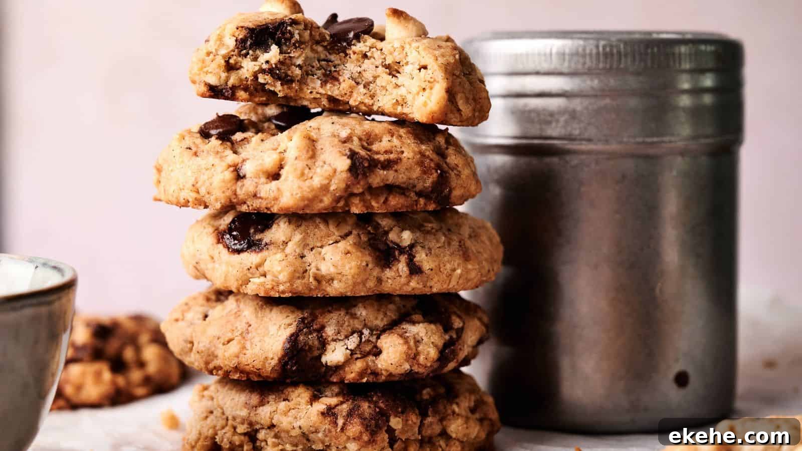 A stack of four chocolate chip cookies, with the top cookie partly broken, next to a metal container and a ceramic bowl on a light surface.