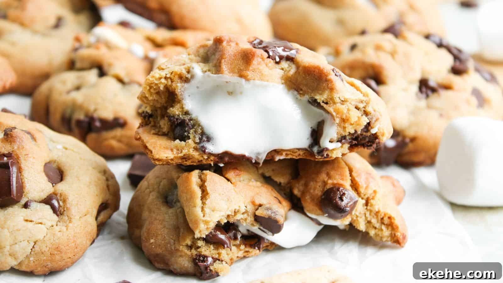 A close-up of chocolate chip cookies filled with melted marshmallow, with one cookie broken open to show the gooey center.