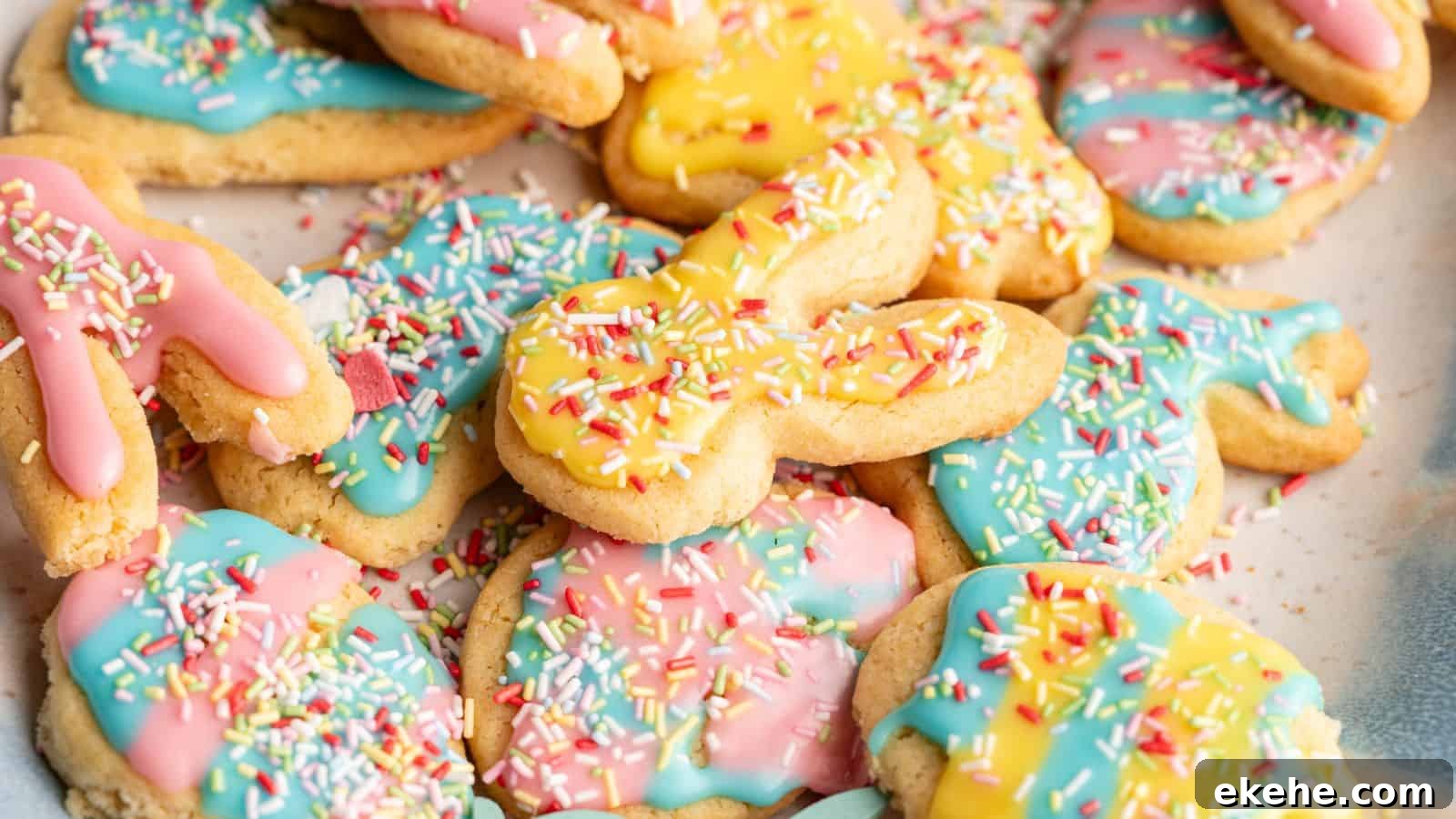 A pile of sugar cookies shaped like bunnies and other forms, decorated with pastel pink, yellow, and blue icing and topped with colorful sprinkles.