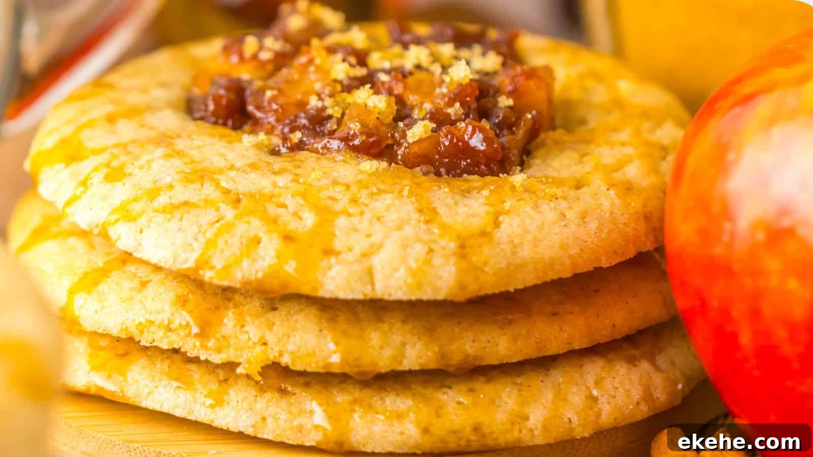 Close-up of three stacked cookies topped with a chunky fruit filling and a sprinkle of crumbs, placed near an apple.