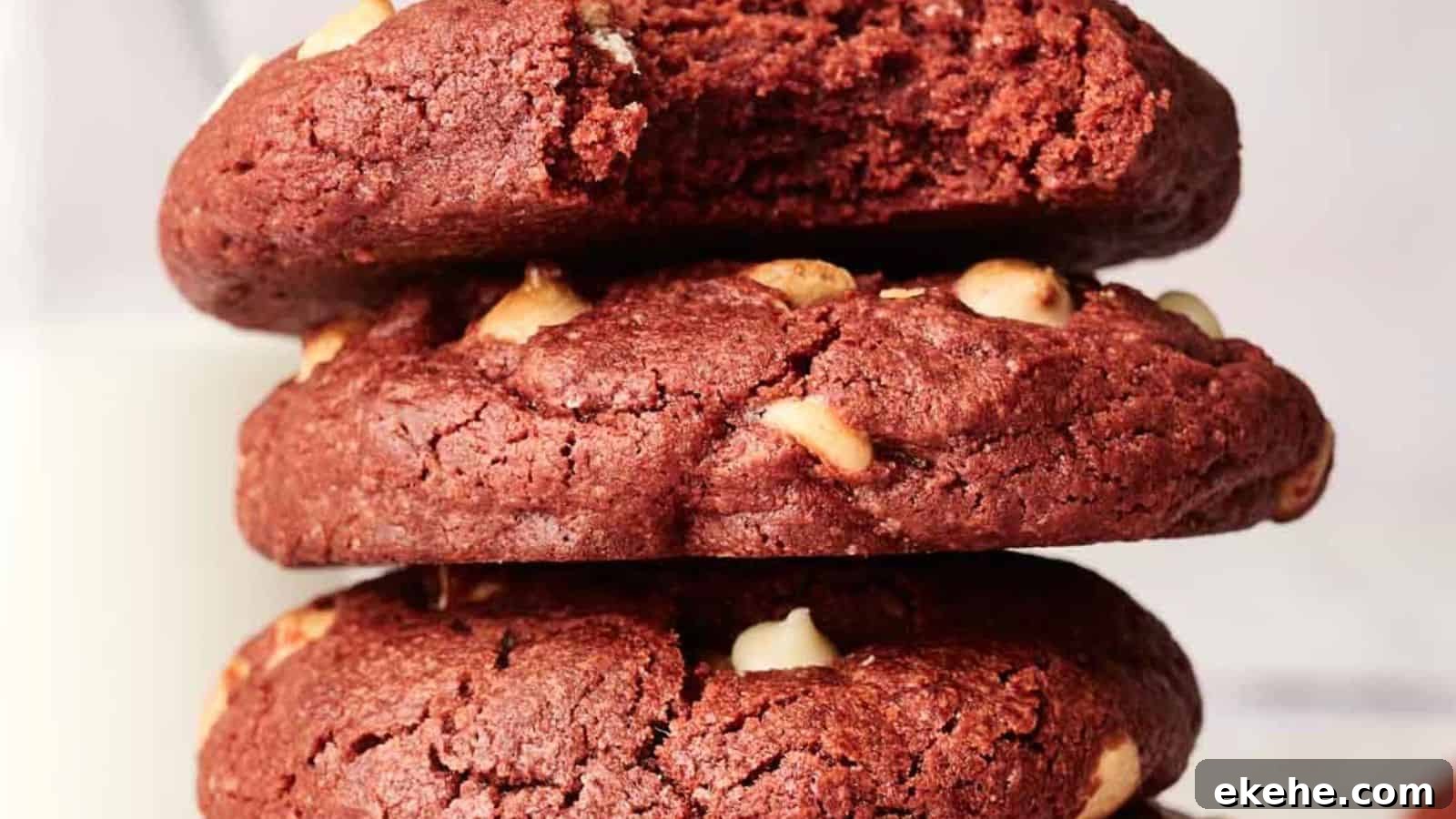 Three stacked Copycat Crumbl Red Velvet White Chip Cookies, with vibrant red hues and white chocolate chips, the top cookie partially eaten.
