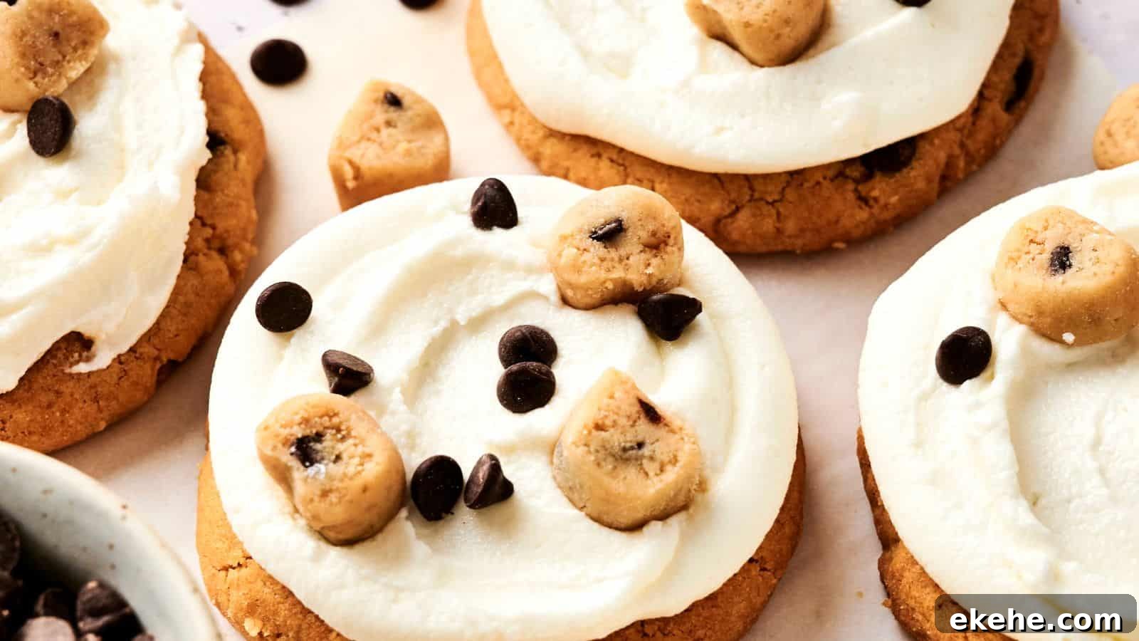 Enjoy these delectable cookies topped with white frosting, chocolate chips, and small cookie dough pieces—a perfect Copycat Crumbl Cookie Dough Cookie recipe.