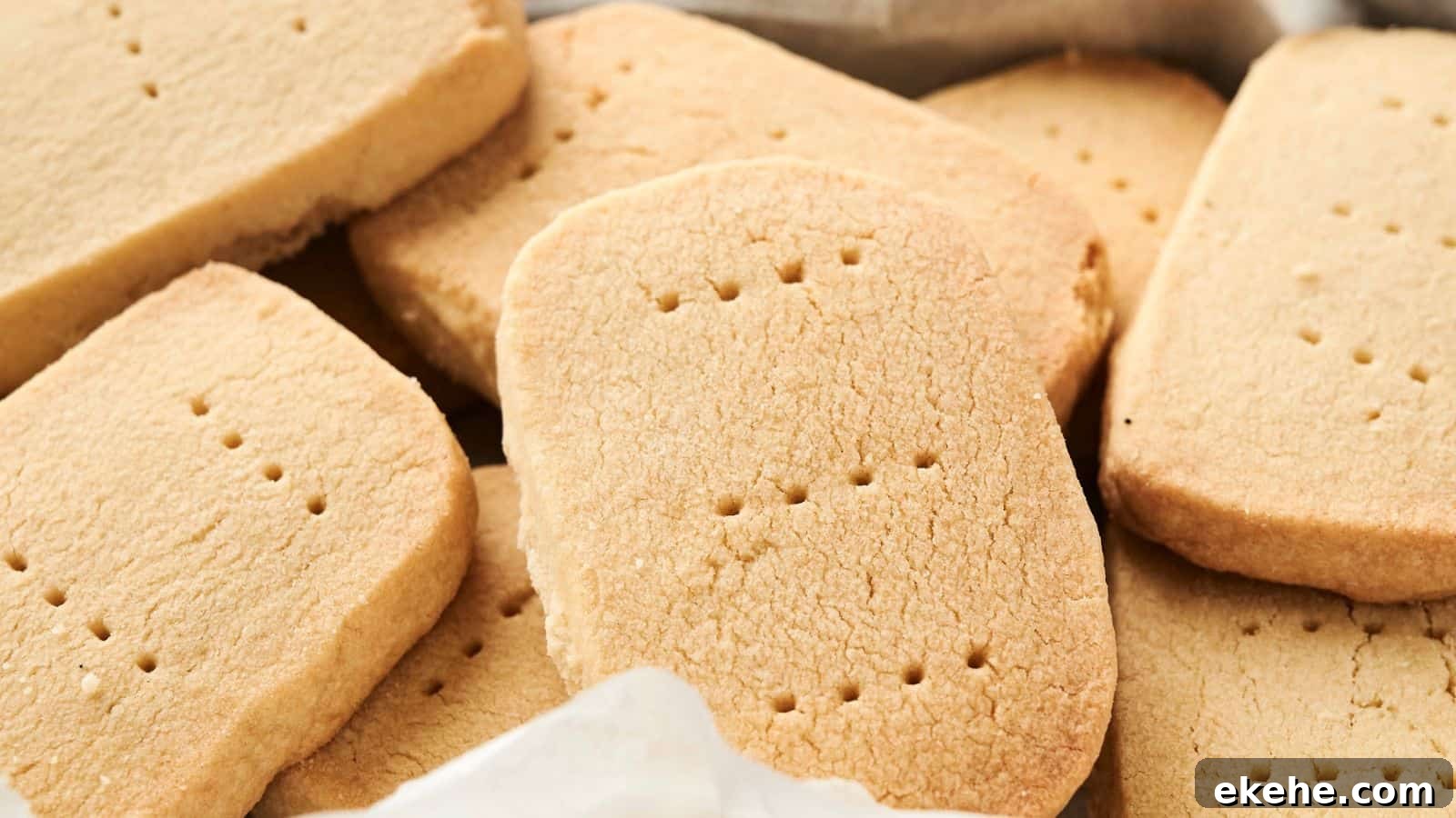 Close-up view of a pile of Shortbread Cookies with visible small holes on the surface.