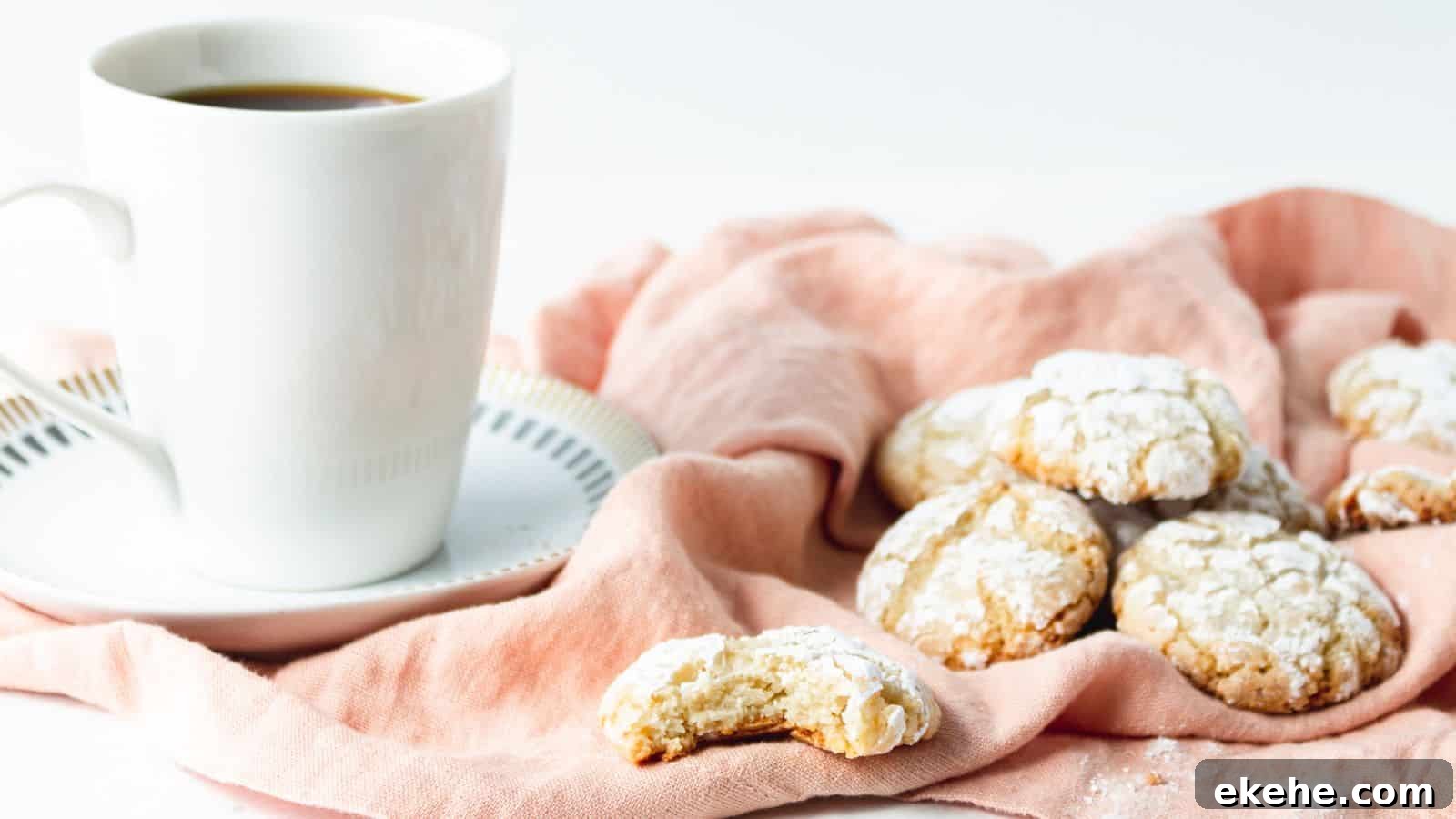 A white cup of coffee on a saucer sits next to several powdered sugar cookies on a pink cloth, with one cookie partially eaten.