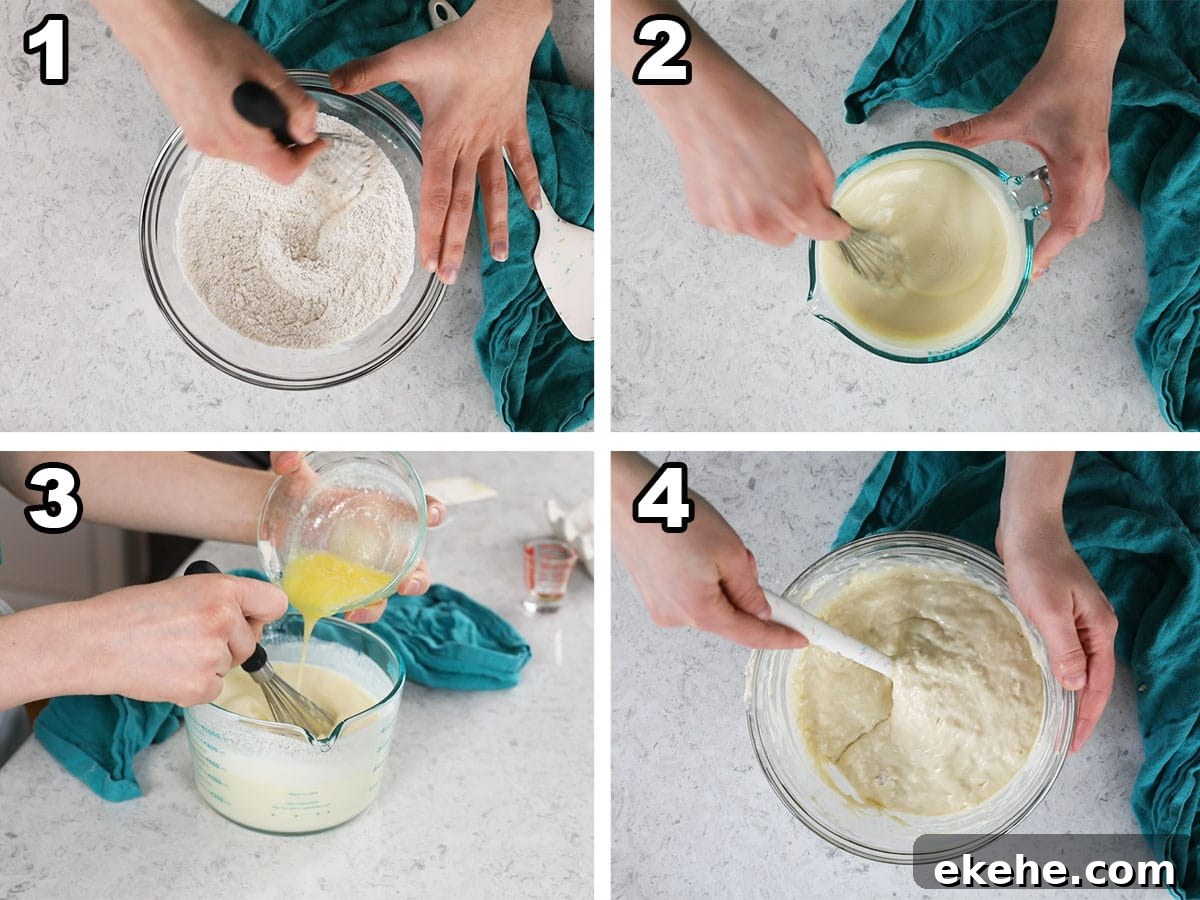 Fluffy Sourdough Pancakes Recipe for Crispy-Edge Breakfast 4 Collage of four photos showing pancake batter being prepared.
