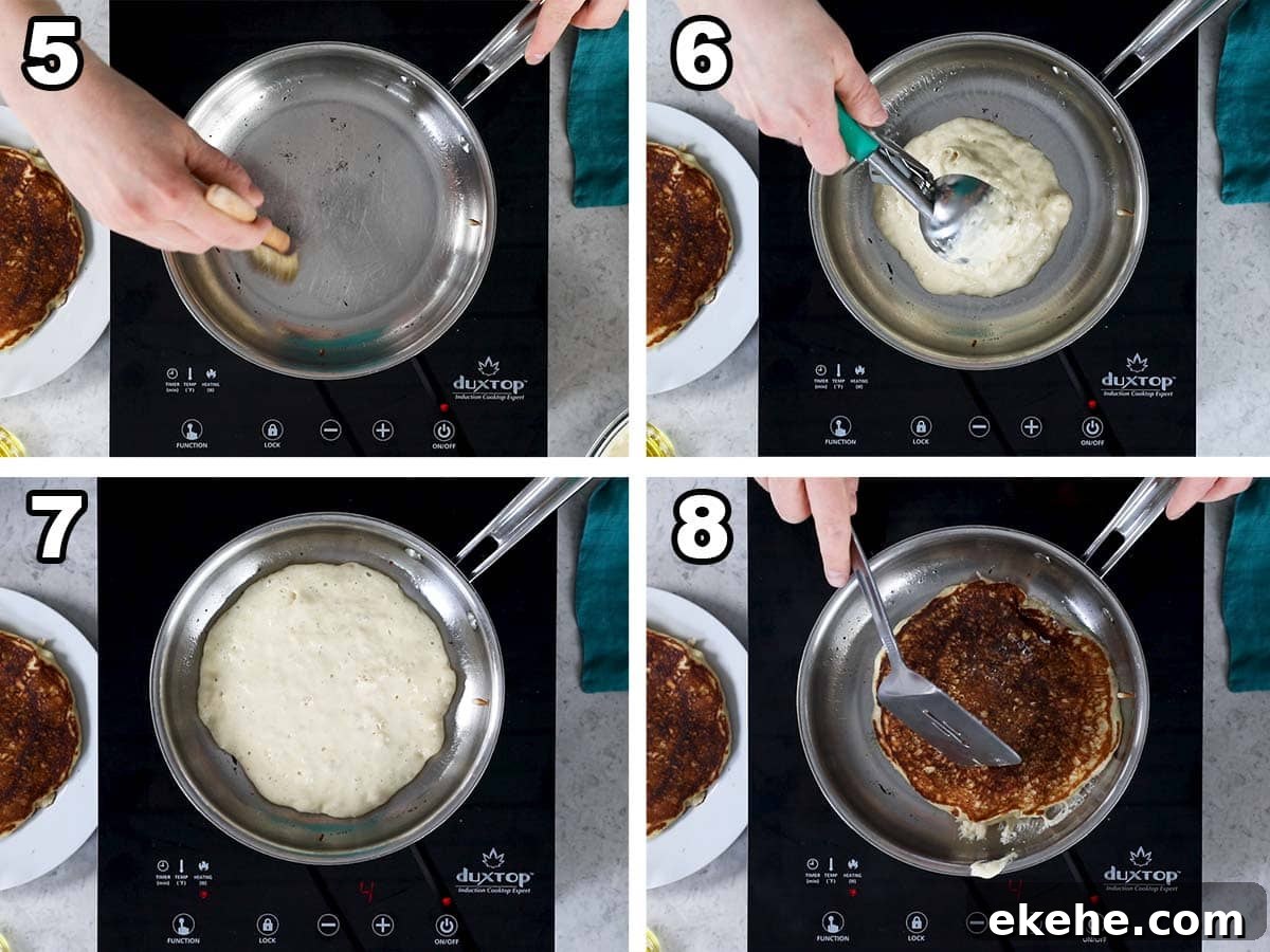 Fluffy Sourdough Pancakes Recipe for Crispy-Edge Breakfast 5 Collage of four photos showing pancake batter being added to a hot pan and cooked.