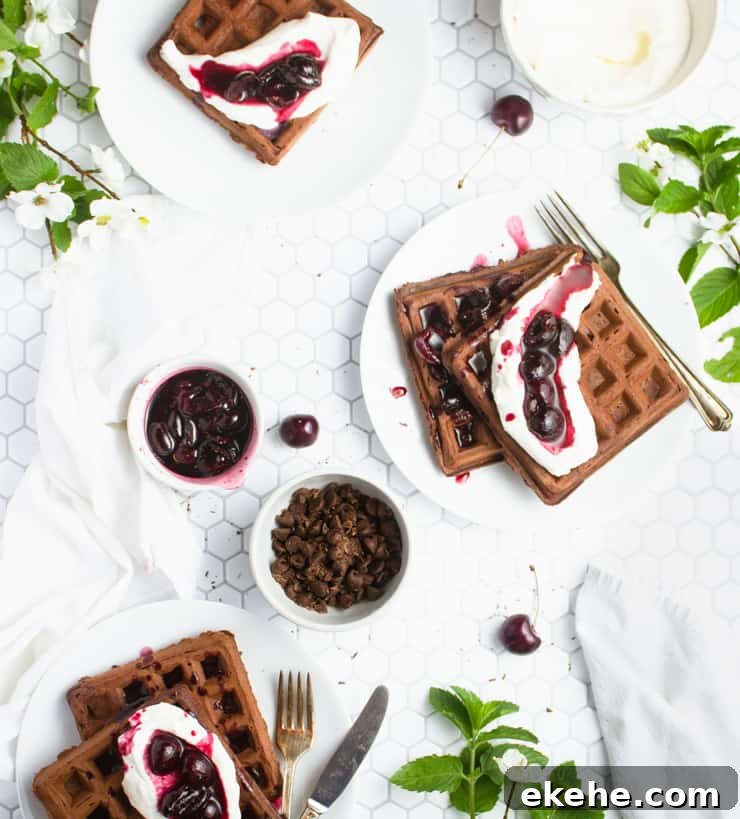 chocolate waffles topped with whipped cream and cherry sauce