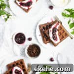 chocolate waffles topped with whipped cream and cherry sauce